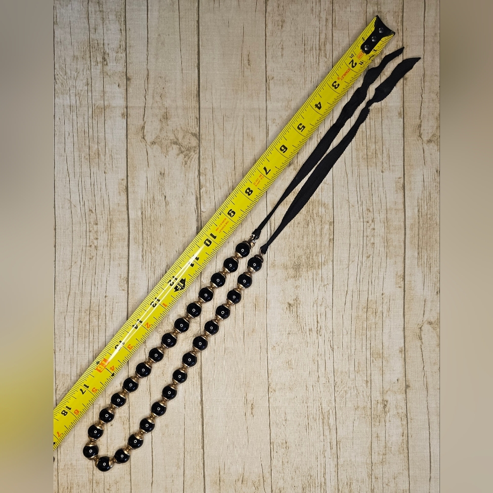 [J. CREW] Black & Gold ○● Beaded Statement Necklace with Cloth Tie - Picture 13 of 15